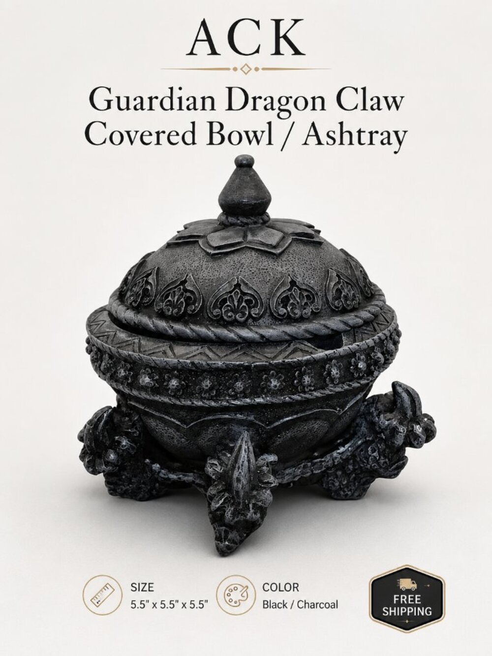 ACK Guardian Dragon Claw Covered Ashtray Trinket Bowl 5.5" Black Gothic Resin
